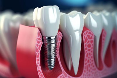 Ilustración de un implante dental con tornillo de titanio y corona